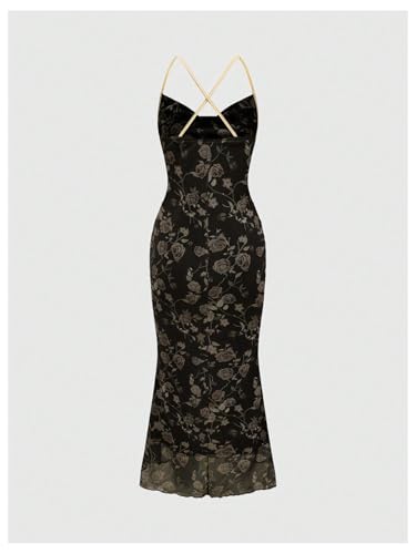 Image of SOLY HUX Women's Floral Mesh Bodycon Cami Dress Cowl Neck Sleeveless Cocktail Party Wedding Guest Long Maxi Dresses