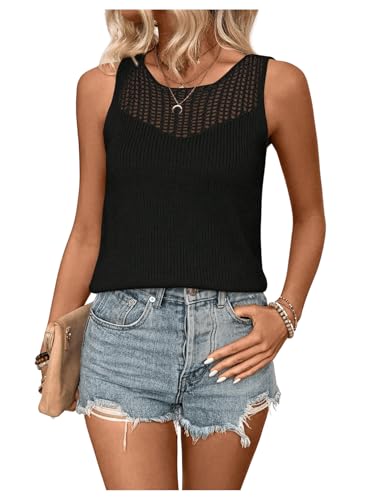 MakeMeChic Women's Crochet Tank Tops Sleeveless Hollow Out Knitted Pullover Sweater Vest Pullover Tops Black Medium