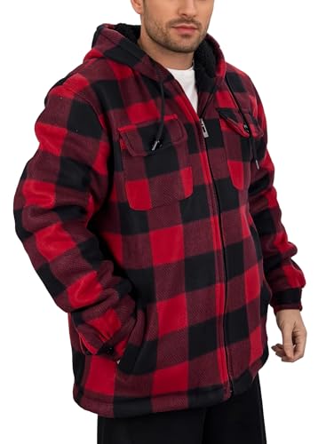 Image of Men's Flannel Jacket Hoodie Full Zip Up Plaid Thick Fleece Sherpa Lined Sweatshirt Winter Warm Coats