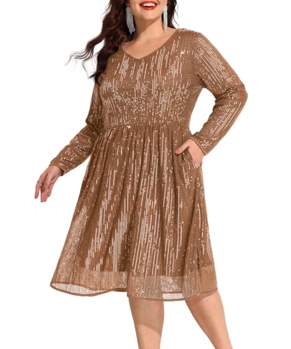 CARCOS Plus Size Sequin Dress for Curvy Women Brown Gold