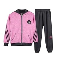 linboo Kinder Trainingsanzug Mädchen Jogginganzug 2tlg/3tlg Sportanzug Sweatjacke mit Kapuze und Sporthose Langärmshirt Freizeitanzug, Rosa rot-2tlg, 122-128(Herstellergröße: 130)