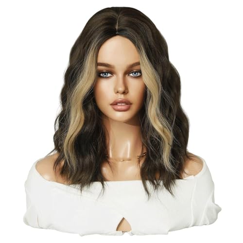 Perruque avec frange cheveux courts bouclés noirs mi-longs style ondulé pour femme