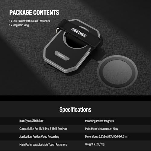 Image of NEEWER Magnetic SSD Mount with Upgraded Touch Fastener, SSD Holder Compatible with MagSafe 16 Pro Max 15 Pro Max 16 Pro 15 Pro for ProRes Video Recording Samsung Lexar SanDisk SSD, PA040