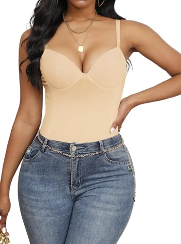 Image of Hilinker Women's V Neck Spaghetti Strap Bodysuit Sexy Sleeveless Camisole Bustier Top