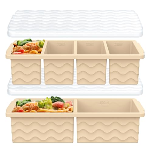 Image of Silicone Freezer Molds for Soup with Lid, 1-Cup & 2-Cup Large Ice Cube Trays Food Storage Containers for Meal Prep, Freeze 500mL /250mL /125mL Portions - 2 Pack