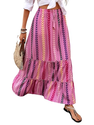 EARKOHA 2025 Women's Striped Pleated A-Line Maxi Skirt Casual Summer Boho Flowy Skirt Beach Vacation Outfits Pink M