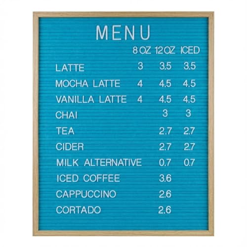 24 x 30 Inch Blue Felt Letter Board with Oak Frame, Wall-Mounted Menu & Message Board, Includes 966 Letters (1” & 2”) for Cafes, Restaurants & Home