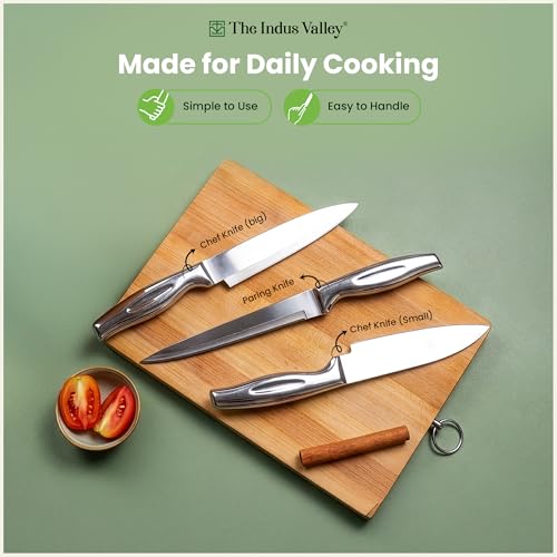 Image of The Indus Valley Stainless Steel Knife Set of 3 with Chef Knife, Paring Knife (Big & Small Combo Set) | Secure Grip Handle | Ideal for Chopping, Cutting & Slicing