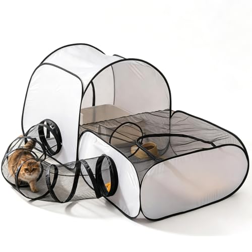 LUPATDY Recinto plegable para gatos 6 en 1 con túnel y tienda de juegos, cercado portátil para mascotas para interiores y exteriores, parque para gatos con gran red para apartamento, balcón, camping y