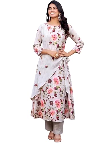 Image of Pinkmint Women Cotton Blend Floral Printed Layered A-Line Kurta Pant Set | Stylish Wrap Style Ethnic Kurti with Pants | Casual & Office Wear | Plus