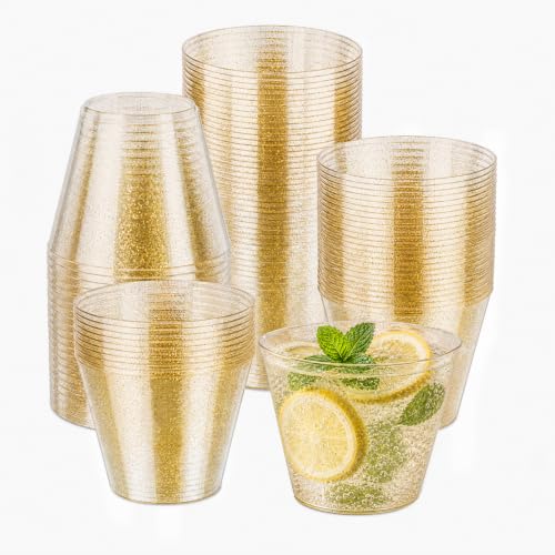 Image of 100pcs Gold Plastic Cups, 9 OZ Gold Glitter Cups, Plastic Party Cups