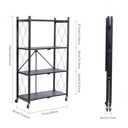 Image of BRIAN & DANY 4-Tier Foldable Storage Shelves with Wheels, Folding Metal Rack Shelving Unit, Heavy Duty No Assembly Organizer Shelf for Garage, Kitchen, Basement, Pantry, Black