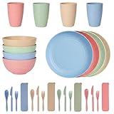 Vajilla de camping para 4 personas, 28 piezas, irrompible, con platos, cuencos, tazas, cubiertos, accesorios de camping de plástico, perfecto para picnic, barbacoa, fiesta