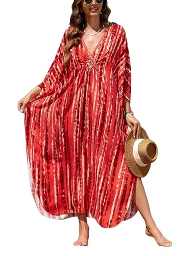Image of IMAGEKOPE Women's Plus Size Animal Print V-Neck Batwing Kaftan Beach Dress Bathing Suit Cover-Up Loungewear
