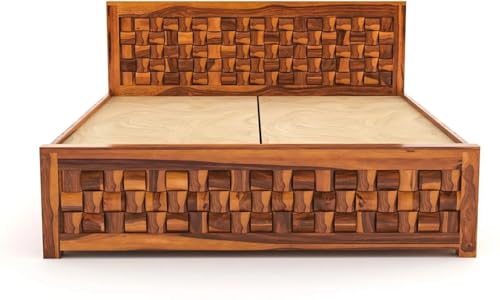 Image of Sheesham Wood King Size Bed with Box Storage Wooden Double Bed Cot Bed Furniture for Bedroom Living Room Home (Honey Finish)