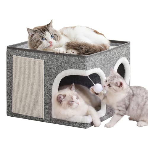 Cat-Beds-for-Indoor-CatsLarge-Cat-Cave-House-with-Scratch-Pad-and-Fluffy-BallFoldable-Cat-Condo-Hideaway-Modern-Kitten-Bed-Grey