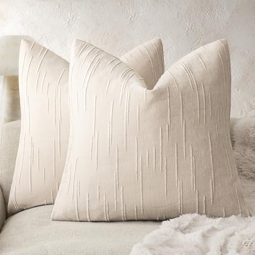 Image of Foindtower Pack of 2 Slubby Textured Chenille Throw Decorative Pillow Covers Square Accent Solid Cushion Cover Neutral Farmhouse Pillow Case for Couch Sofa Bedroom Living Room 18x18 Inch,Ivory