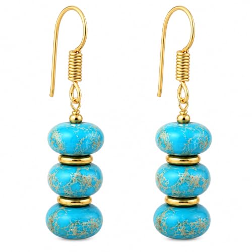 Image of Gempires Natural Gemstone Rondelle Bead Earrings for Women | 8mm Beaded Drop Dangle Earrings | Gold Plated Hypoallergenic Hook Jewelry | Handmade Lightweight Crystal Earrings (Turquoise)