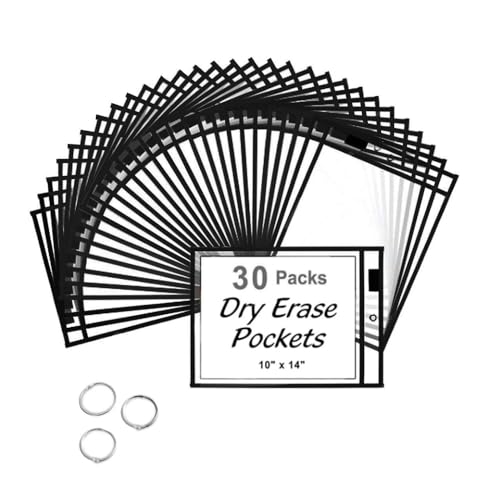 Oaygat 30 PCS A4 Write and Wipe Pockets 10 X 14 Inch Dry Erase Pockets with 3 Ring Reusable Plastic Sleeves Waterproof Dry Brush Bag Punched Pocket Plastic Wallets Folders Wallets Document Files