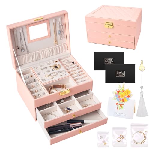 UCAMP TAVADA Caja Joyero de 3 Niveles,Joyeros Mujer Organizador,Organizador Joyas Cuero PU para collares,aretes,pulseras y anillos,con llaves y cerraduras.Adecuado tanto para niñas como para mujeres