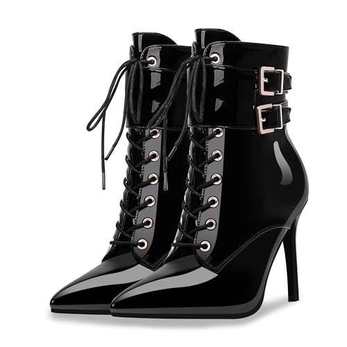 Women's High Stiletto Heel Pointed Toe Ankle Boots Lace Up Buckle Strap Dress Booties3