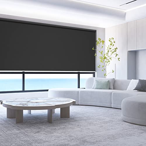 ZSHINE Motorized Blackout Window Blinds Over-Size Customize Width (21-114 Inches) Remote Control Wireless and Rechargeable Motor Roller Shades Blinds for Windows(Black)