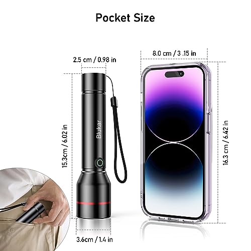Blukar LED Torch Rechargeable, Super Bright Adjustable Focus Flashlight with 5 Lighting Modes, Long Battery Life, IPX6 Waterproof Mini Tactical Torches for Power Cuts, Emergency [USB C Cable Included]