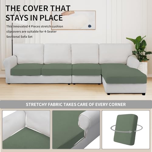Image of Easy-Going Stretch 4 Pieces Couch Cushion Covers for Sectional Sofa L Shape | 3 Seater + 1 Chaise Lounge Left /Right L Sofa Seat slipcover Anti-Slip Sofa Cover Soft Greyish Green