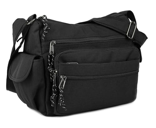 irisaa Umhängetasche Damen, Canvas Multifunkionale Schultertasche, Casual Handtasche mit vielen fächern für Schule Shopping Arbeit, Unisex, Damen Tasche:weich-schwarz