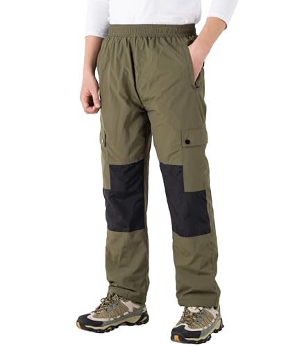 Boys Waterproof Fleece Pants Kids Cargo Hiking Winter Snow Ski Pant Trousers with Zipper Pockets Army Green 10-11 Years/Size 150