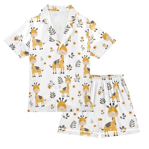 Cartoon Cute Little Giraffe Prints Summer Satin Pajama Set, Cute Button-Down Sleepwear Pj Set for Sleep Wears