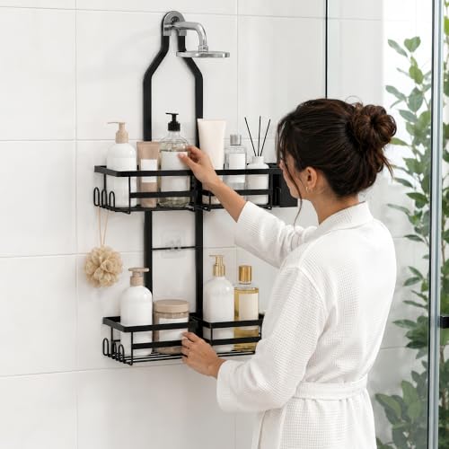 Image of amazon basics Hanging Shower Caddy for Bathroom | Bathroom Organiser Without Drill | Bathroom Accessories Storage Organizer