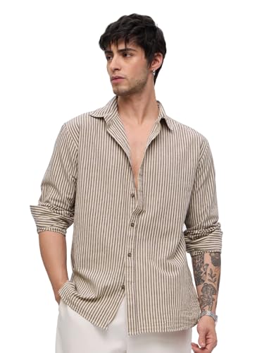 Image of The Souled Store Cotton Linen Stripes: Prism Men and Boys Long Sleeve Collared Neck Button Front Regular Fit Cotton Linen Shirt