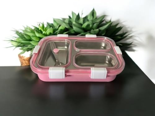 Image of Stainless Steel Lunch Box 3 Compartment with Spoon Leakproof Tiffin Box for Kids Adults Office School | Food Grade Rust Free Metal Dabba Storage Container Pink