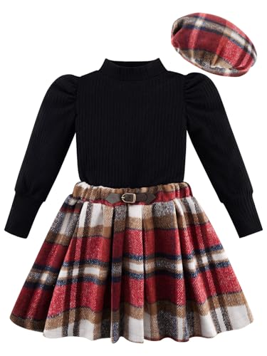 Image of Toddler Girl Outfits Puff Sleeve Ribbed Shirt Knitted Tops Pleated Plaid Skirt Set with Hat 3Pcs Fall Winter Clothes