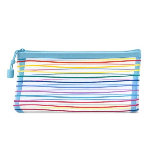 Estojo de Nylon Escolar Colorido Transparente com Zíper Organizador de Lápis Canetas Maquiagem 22x12cm Primum (Azul Claro)