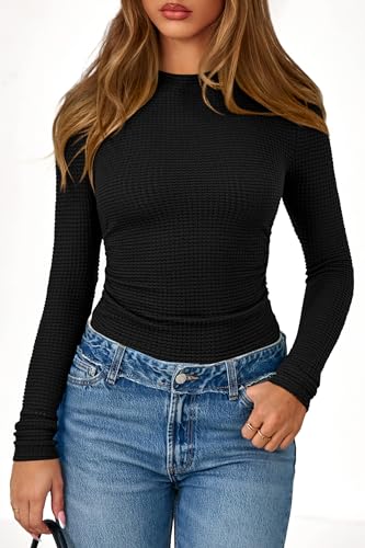 PRETTYGARDEN Womens Tops 2025 Fall Long Sleeve Fitted T Shirts Waffle Ruched Crop Shirt Basic Knit Workout Y2k Clothes2