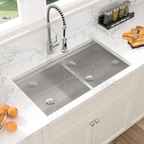 30 Kitchen Sink Double Bowl - Sarlai 30 x 19 inch Undermount Sink Stainless Steel 16 Gauge Two Basin Low Divider 50/50 Under Counter Deep Kitchen Sinks with Accessories