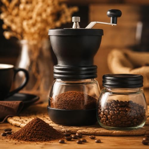 Moedor de Café Manual Ajustável com Mó Cerâmica, Pote de Vidro + Recipiente Extra para Grãos, Portátil, Fácil de Usar – Preto 700g