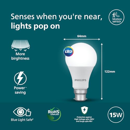 Image of Philips 15W Motion Sensor LED Bulb | Cool White 6500K | B22 Base | Auto On /Off Sensor Light | Energy Efficient & Hands-Free Lighting | Pack of 2