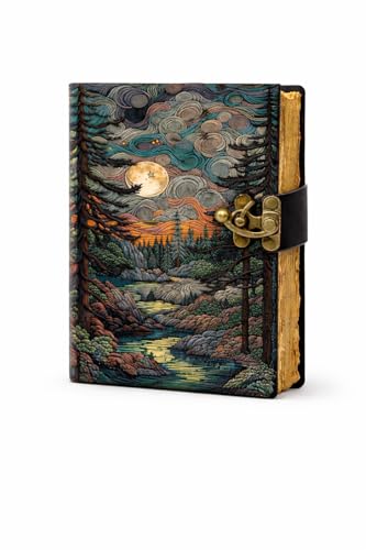 Carnet de croquis en cuir vintage lune forêt et papier bords frangés