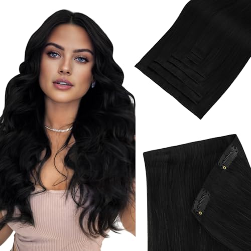 HOTBANANA Invisi Edge Clip in Hair Extensions, 20inch 110g 7Pcs Injected Seamless Clip in Extensions Real Human Hair Jet Black PU Hair Extensions Straight Hair
