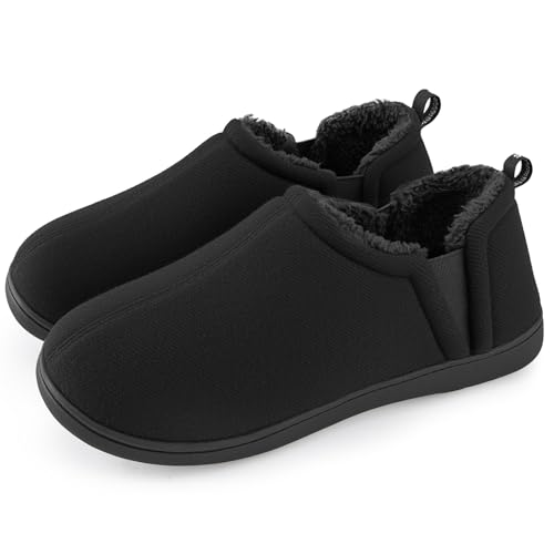 Snug Leaves Men's Faux Wool Slippers Comfy Warm Winter House Shoes with Elastic Gores Dark Black, 12-13 UK
