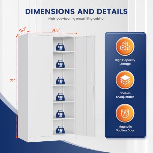 Image of Yizosh Metal Garage Storage Cabinet with 2 Doors and 5 Adjustable Shelves - 71 inch Steel Lockable File Cabinet,Locking Tool Cabinets for Office,Home,Garage,Gym,School (White)