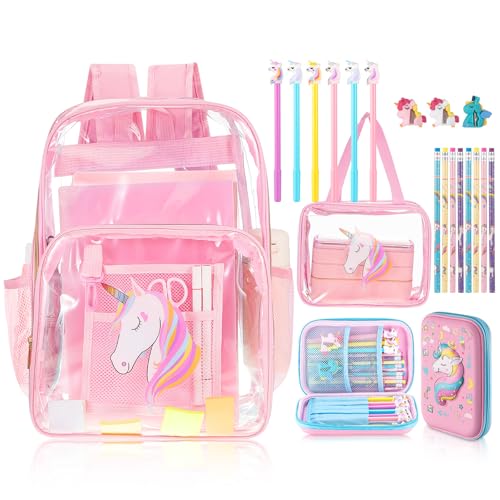 Eccliy 20 Pcs Pink Clear Unicorn Backpack Set Supplies Kit Unicorn Stationery Transparent Backpack Lunch Bag 3D Pencil Case with Compartment Pens Pencils and Sharpeners for Gifts