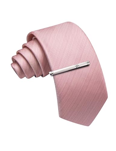 Image of Barry.Wang Mens Ties Solid Color Pink Striped Extra Long Silk Woven Necktie and Tie Clip Set Formal Business Wedding