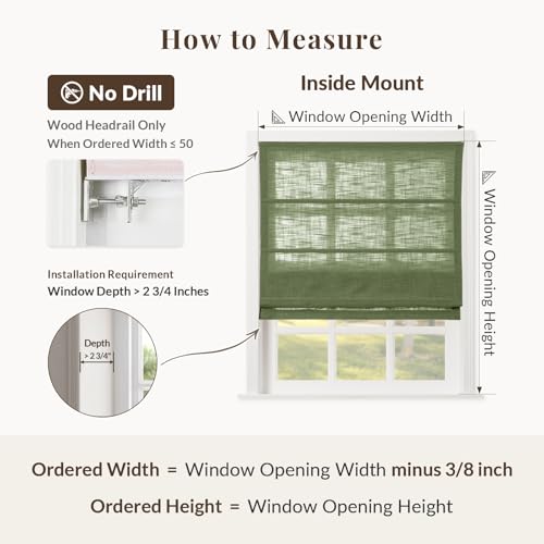 Image of TWOPAGES Liz No Drill Cordless Roman Shades Linen Textured Roman Blinds for Windows, Custom Made Room Darkening Blackout Roman Window Shades, Hardware Included, Green, 1 Piece
