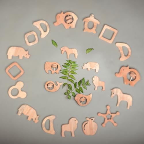 Image of Natural Neem Wood Baby Teether - Handmade Animal Shape Wooden Toy - Non-Toxic, Organic Chew Aid for Teething - Safe for Gums - Biodegradable, Eco-Friendly Gift for Infants & Toddlers (Neem Wood Baby Teether Set -6)
