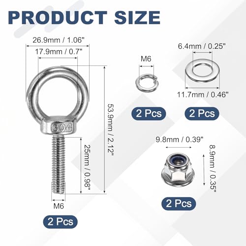 Image of PATIKIL M6 x 25mm Shoulder Eye Bolt, 2 Pcs 304 Stainless Steel Lifting Ring Threaded Eye Bolt with Flange Lock Nuts Spring and Flat Washers for Hanging Tie Down Straps Outdoor Indoor