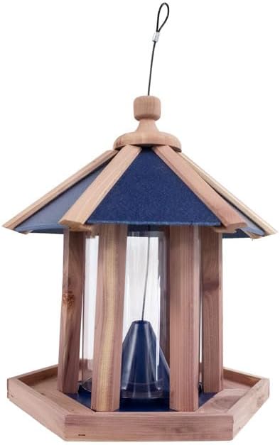 Amish Made Cedar & Recycled Plastic Gazebo Bird Feeder with Blue Roof, 2.15 Qt Seed Capacity, Red Cedar Frame, Durable Polycarbonate Tube, Large Outdoor Bird Feeder, Made in USA